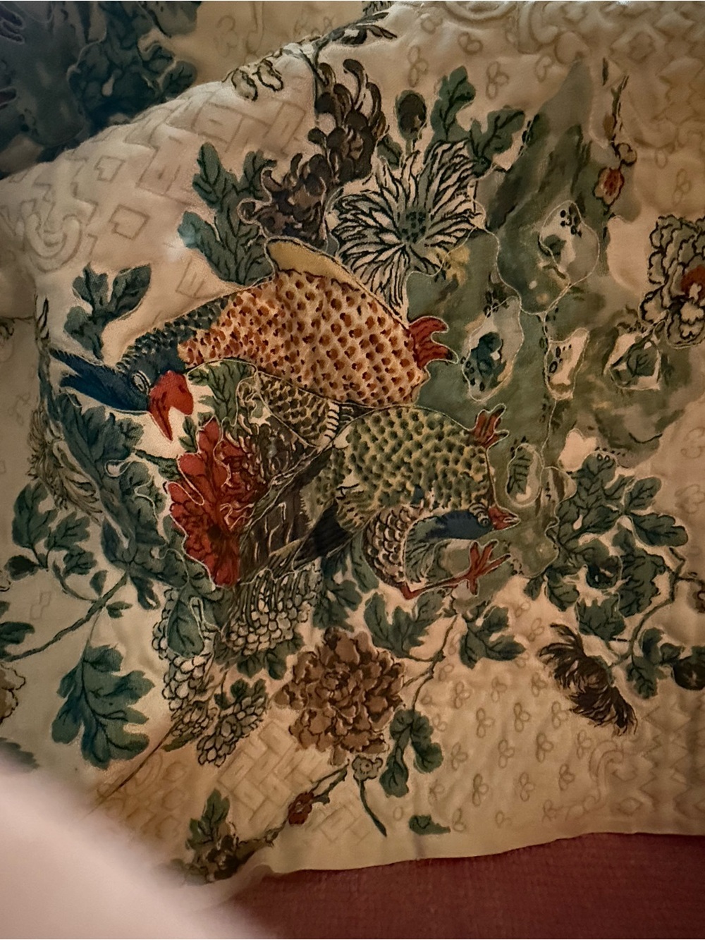 Embroidered Bird & Floral Textile Panel in Teal, Green, Yellow 3 yds